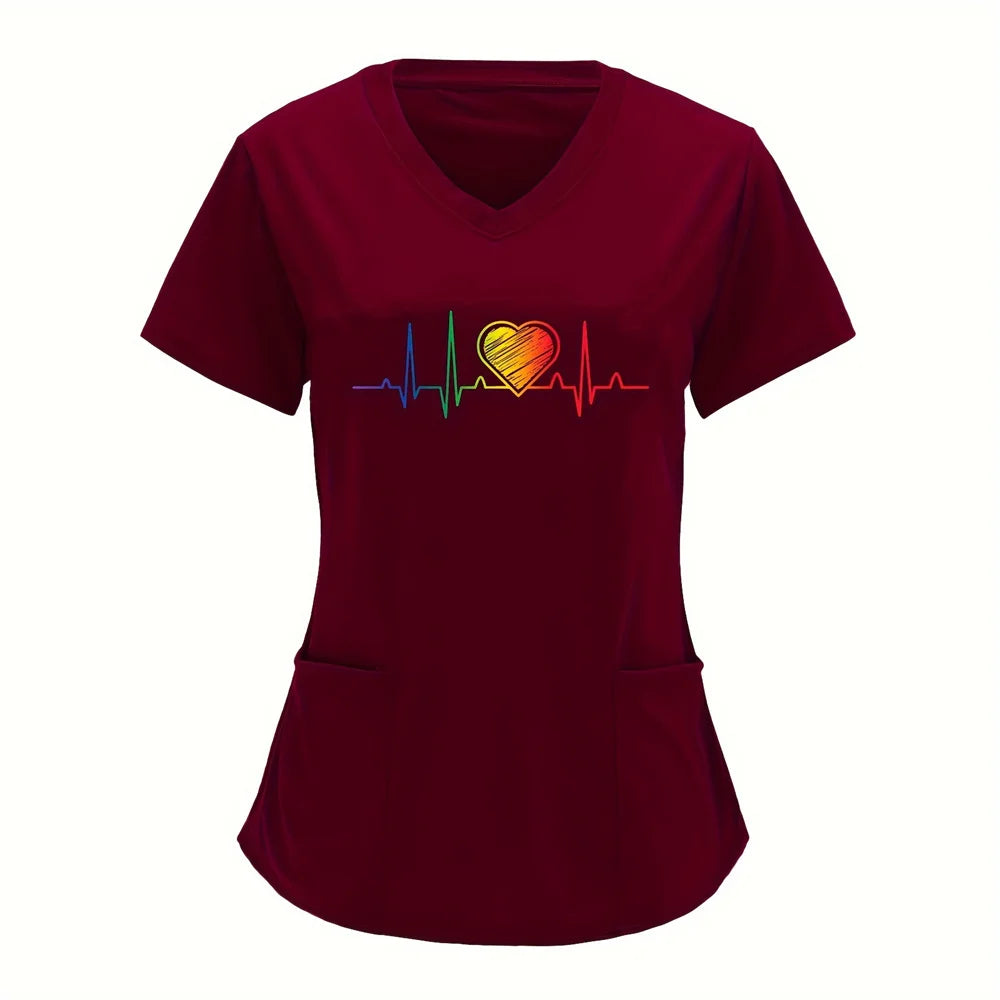 Women T-shirt Working Uniform Print Pocket Pet Grooming Nurse Uniform Clothing Hospital Solid Short Sleeve Spa V-Neck Scrub Tops