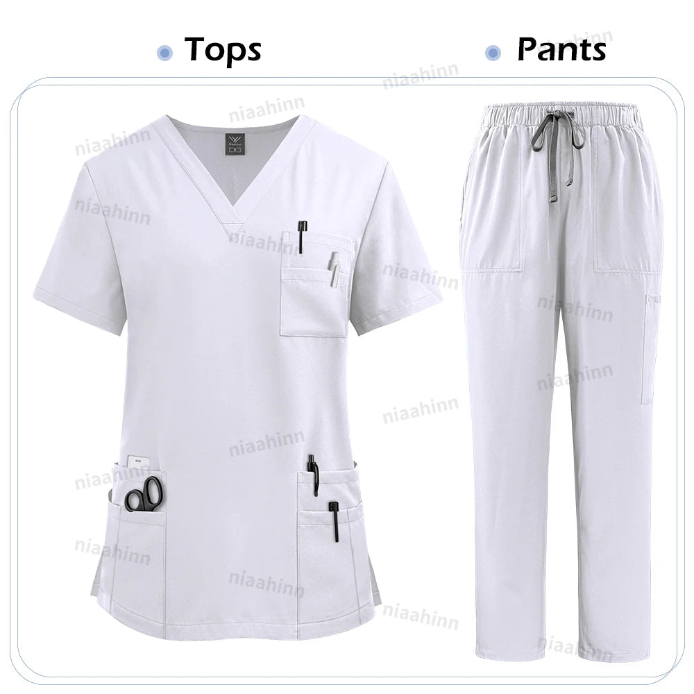 Scrubs Sets Woman Medical Nurse Spa Beauty Salon Workwear Clinical Scrubs Top + Pant Doctor Nursing Tunic Suit Surgical Uniforms