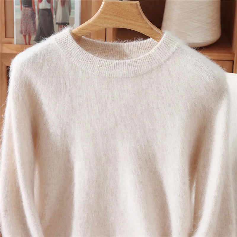 Autumn Winter Sweater Pullover Women's Clothing 100% Mink Cashmere Sweater Pullover O-Neck Basic Long Sleeve Warm Fleece Knitted