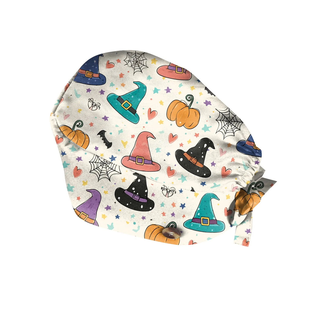 Halloween Print Work Cap Fashionable Casual Women's Printed Elastic Scrub Hat Unisex Work Caps Nurse Accessories Nurse Cap