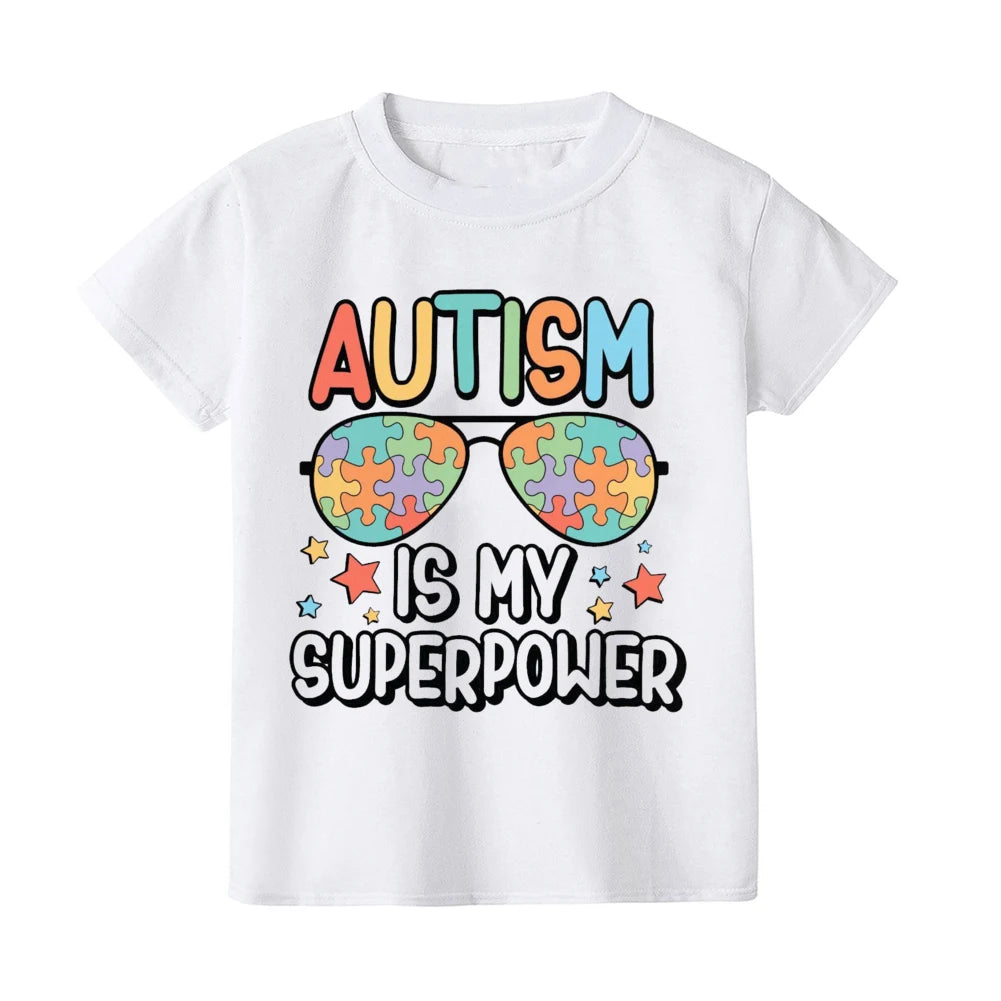Autism Is My Superpower Kids Tshirt Autism Awareness Youth Shirt Toddler Short Sleeve Clothes Colorful Puzzle Boys Tee