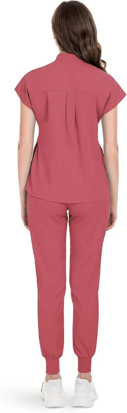 niaahinn Scrubs Set for Women Nurse Uniform Jogger Suit Stretch Top & Pants with Multi Pocket for Nurse Esthetician Workwear