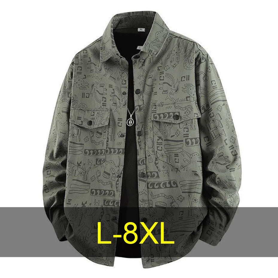 Graffiti Shirts Men Spring Autumn Long Sleeve Shirt Plus Size 8XL Fashion Casual Shirts Jackets Male Big Size 8XL