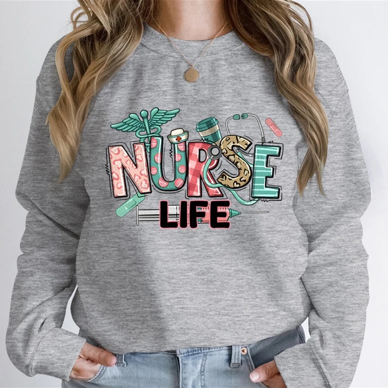 Woman Clothing Nurse Life Cartoon Classic Design Sweatshirts Nurse Gifts Autumn Hoodies Registered Nurse Gift Cartoon Sweatshirt