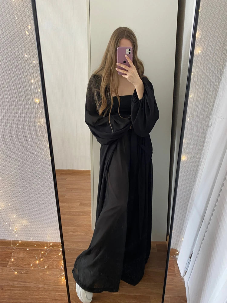Women 3 Piece Sets Homewear Fashion Casual Lantern Sleeve Cardigan Tops+Wide Leg Pants Suits Lady Spring Soft Three Piece Outfit
