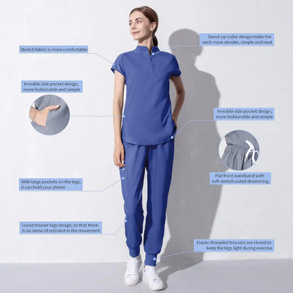 niaahinn Scrubs Set for Women Nurse Uniform Jogger Suit Stretch Top & Pants with Multi Pocket for Nurse Esthetician Workwear