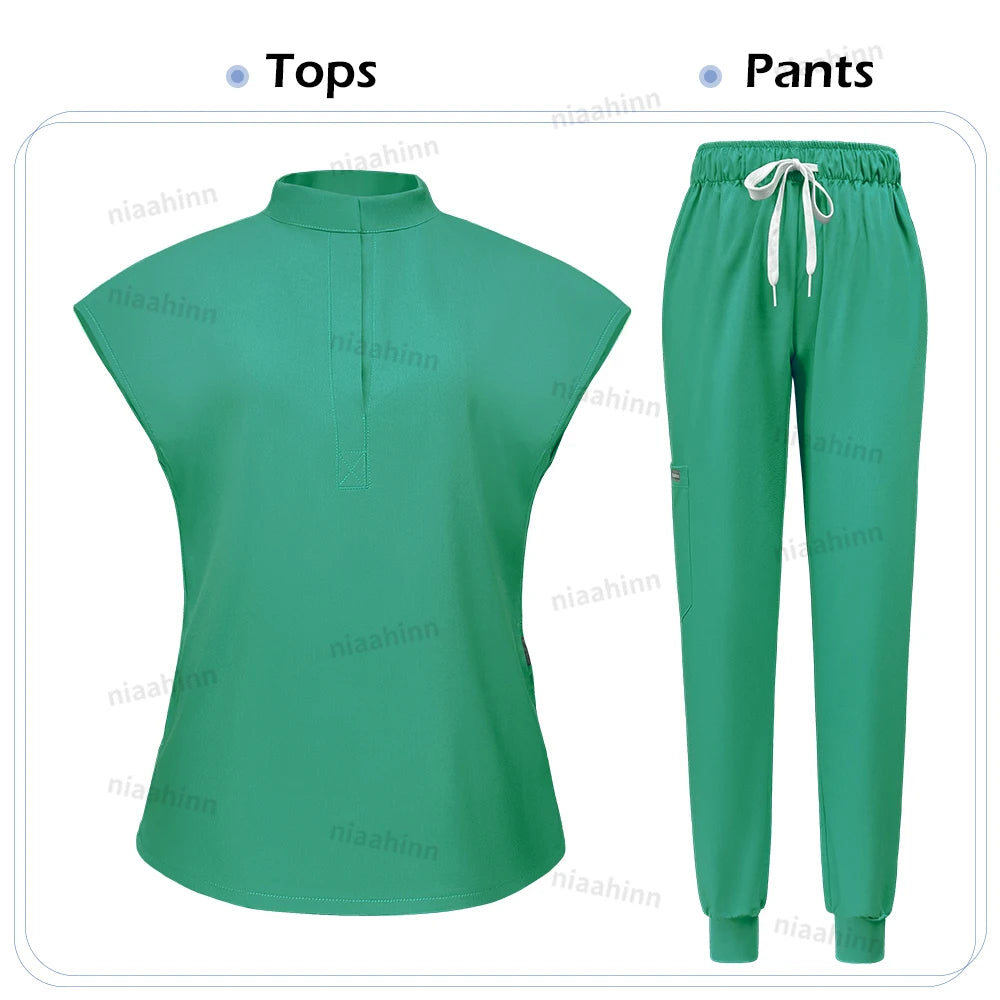 Niaahinn Scrubs Hot Sales Jogger Scrub Sets Women Solid Color Breathable Work Clothes Lab Coat Uniform Hospital Doctor Work Wear