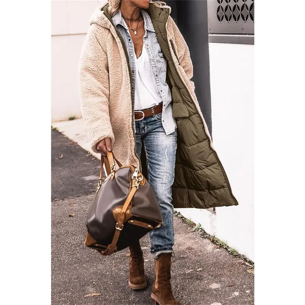 Winter Hooded Quilted Jacket For Women Solid Reversible Long Sleeve Thick Coat Warm Fashion Long Outerwear Casual Puffer Coats