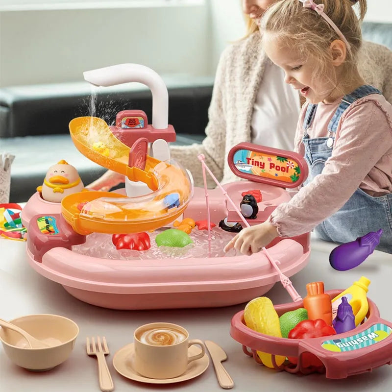 Children's Fishing Toys Electric Pretend Play Toys Dishwashing Basin Toys Gift Kitchen Interactive Toys 2-in-1 Slide Fishing Toy