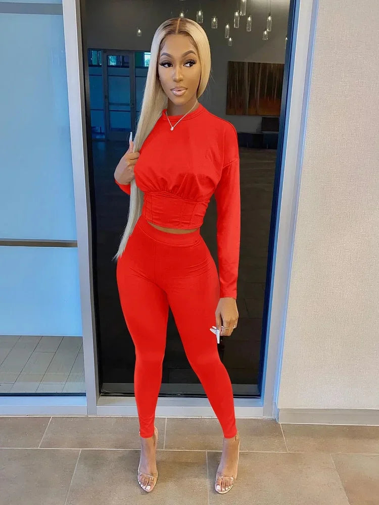 New Autumn Women's Pure Color Sports Waist Suit Fashion Casual Two-piece Set
