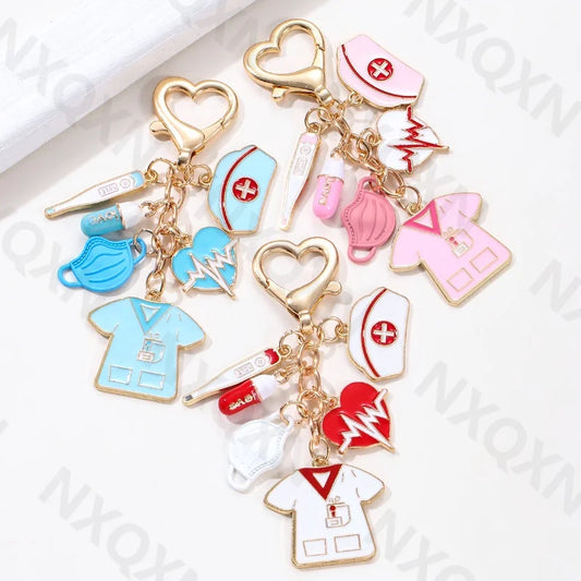 Cartoon Heart Nurse Hat Uniform Thermometer Enamel Keychain Capsule Doctor Key Ring For Women Men Gift Handmade Jewelry Set