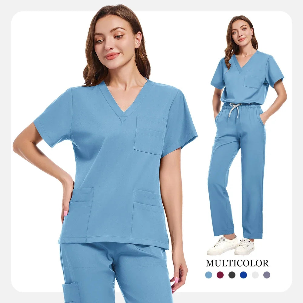 New Scrubs Set Medical Uniforms Stretch Scrub Tops With Pocket Pants Nurse Uniform Doctor Surgery Overalls Beauty Salon Workwear