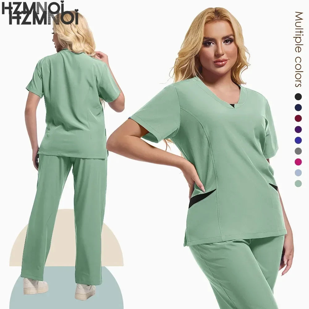 New Scrubs Uniform Suit Short Sleeve V-neck Tops+ Pants Set Nursing Uniform Women Multicolor Pet Doctor Scrub Medical Workwear