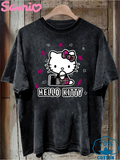 Hello Kitty Ladies Vintage Washed T-Shirt - Casual Crew Neck Short Sleeve Top Black Cute Cartoon Design Vintage Style