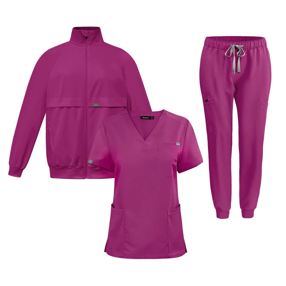 Elastic V-neck nurse hand washing suit three piece set, short sleeved pants and jacket, comfortable surgical suit set