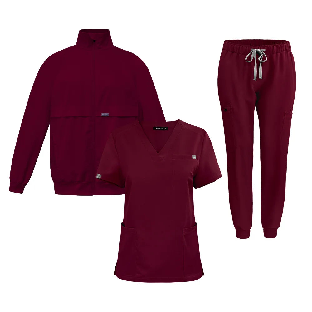Elastic V-neck nurse hand washing suit three piece set, short sleeved pants and jacket, comfortable surgical suit set