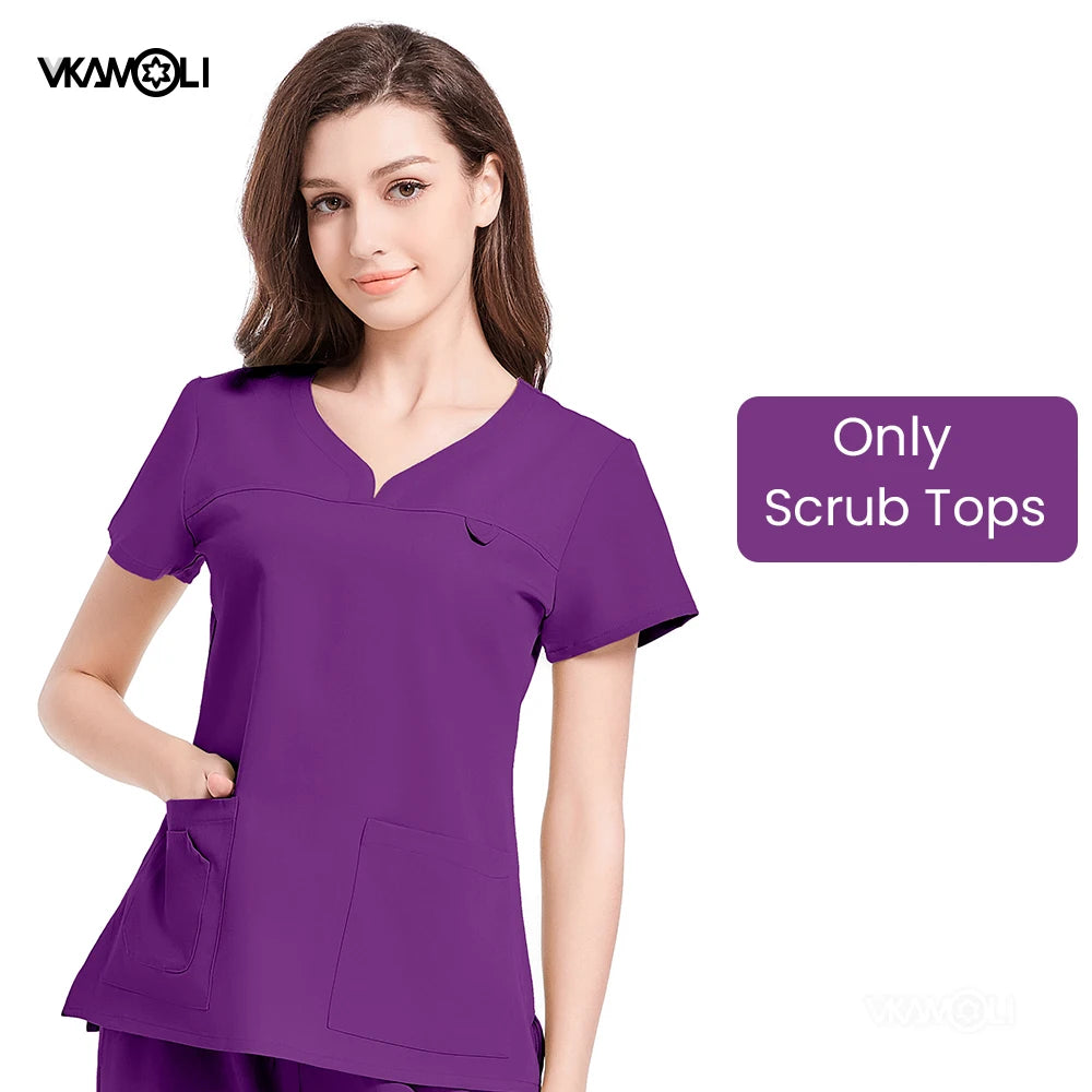 Slim fitting elasticity nurse scrubs tops dentistry doctor lab spa uniform surgical Scrub shirt for woman pharmacy pet hospital