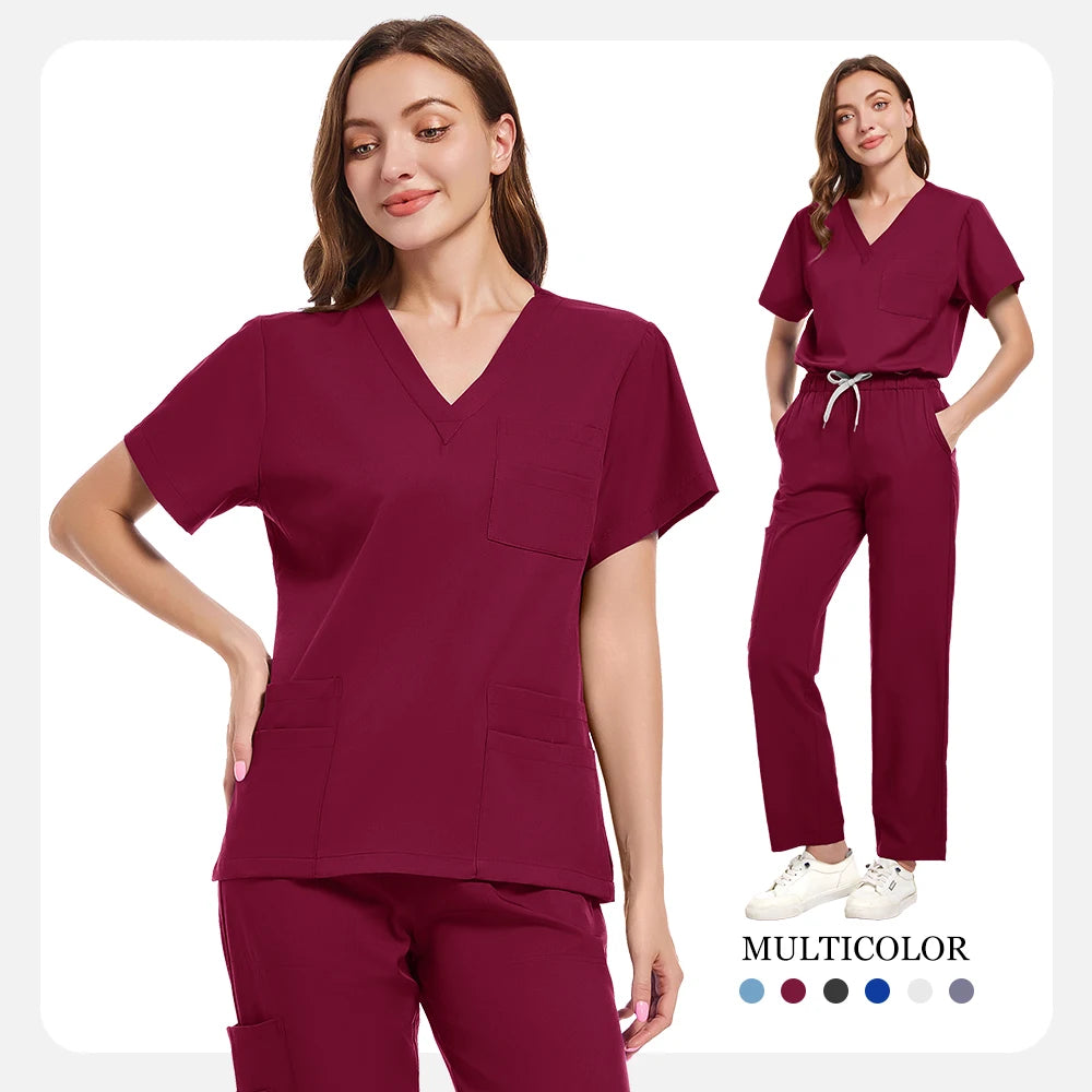 New Scrubs Set Medical Uniforms Stretch Scrub Tops With Pocket Pants Nurse Uniform Doctor Surgery Overalls Beauty Salon Workwear