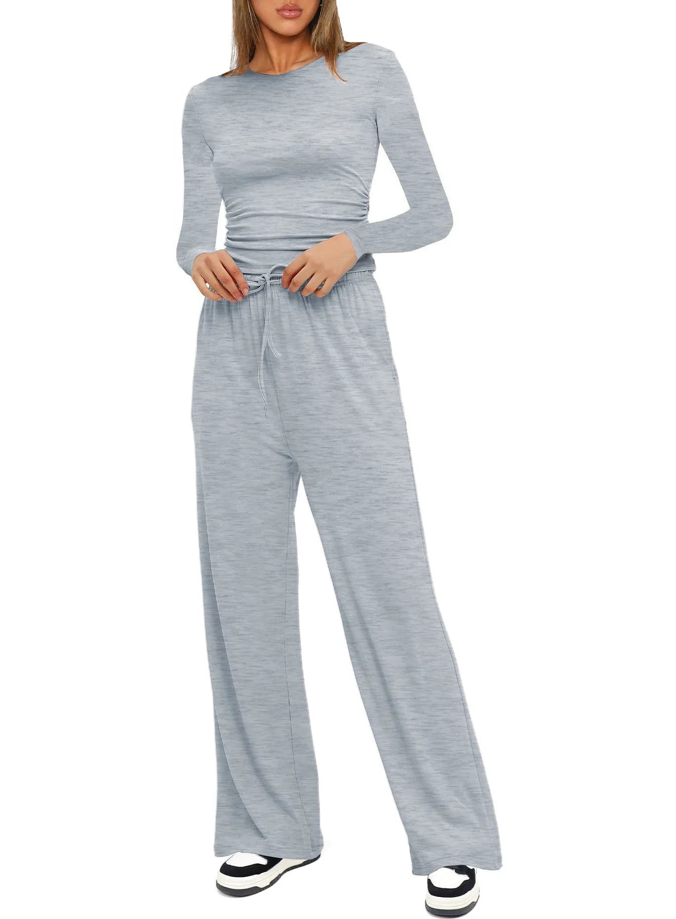 Autumn Winter Trend Fashion Women's Two Pieces Set Solid Casual O Neck Long Sleeve T-shirts & High Waist Wide Leg Pants Sets