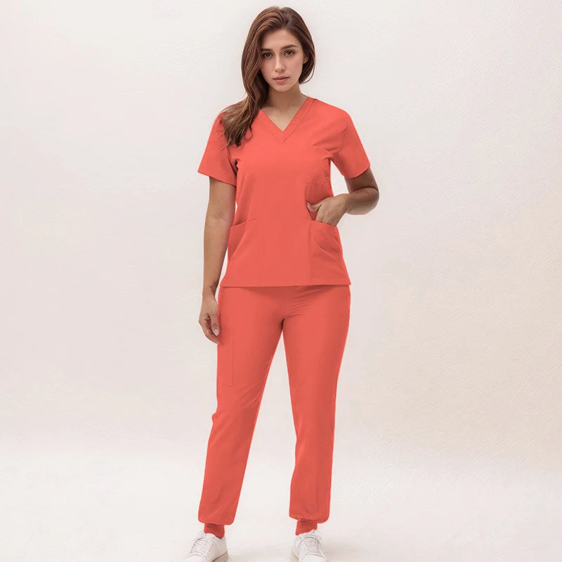 Short Sleeves Nurse Uniforms V-neck Top Jogger Pants  Women Surgical Scrubs Dentist Nursing Suit Pet Hospital Doctor Outfit S21