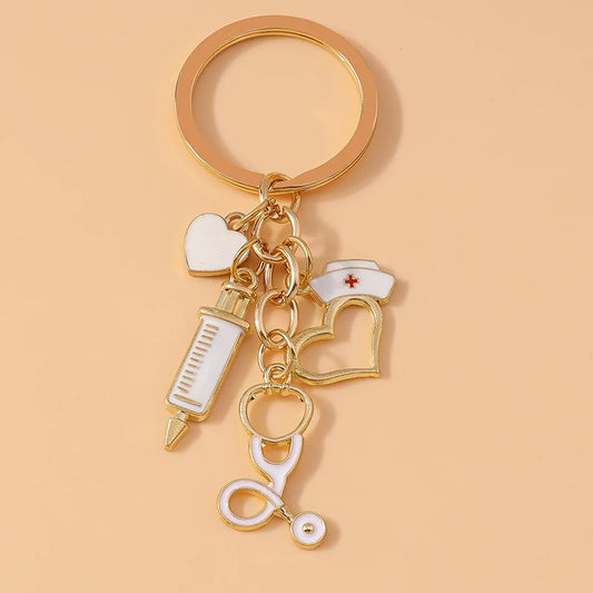Cute Enamel Doctors Medical Stethoscope Syringe Keychain Nurse Hat Key Rings for Men Women Handbag Pendants DIY Jewelry Gift