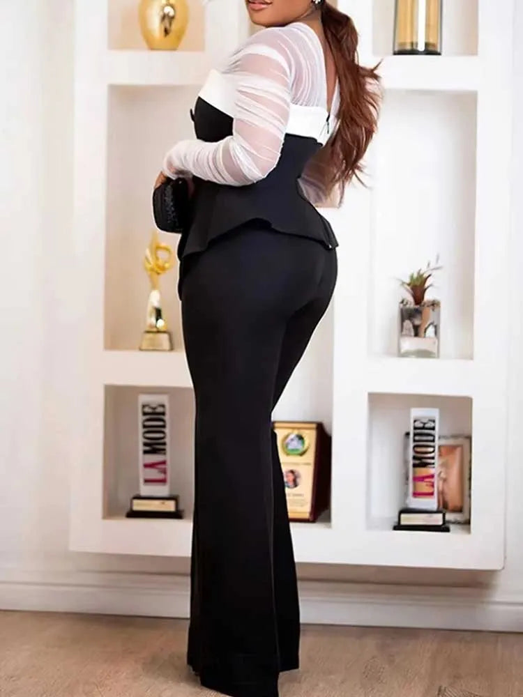 Women Elegant Two Piece Pants Set Female Office Wear White Mesh Sleeves Slim Top and Slacks Pant Sets Sexy Chic Spring Outfits