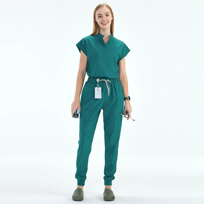 Premium Women's Scrub Sets Mandarin Collar Nurse Uniform Doctor Clothes Tunic Jogger Pant Surgical Scrubs Outfit 10 Pockets S180