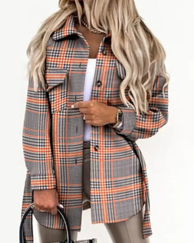 Women's Fashion Autumn and Winter Blouses Jackets Strap Plaid Printed Woolen Jacket Ladies Casual Pockets Coats Clothing