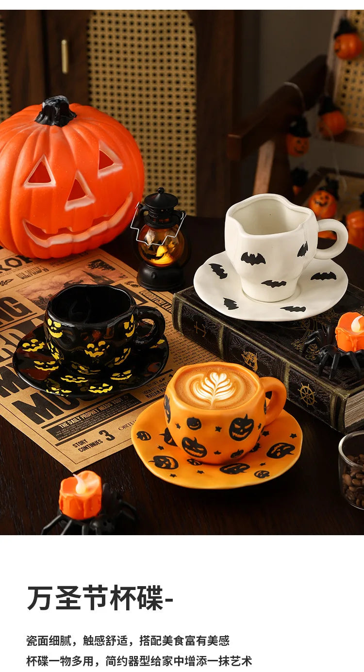 Creative Halloween-themed ceramic cups and saucers Irregular personalized coffee cups Coffee saucers Pumpkin bat pattern cups