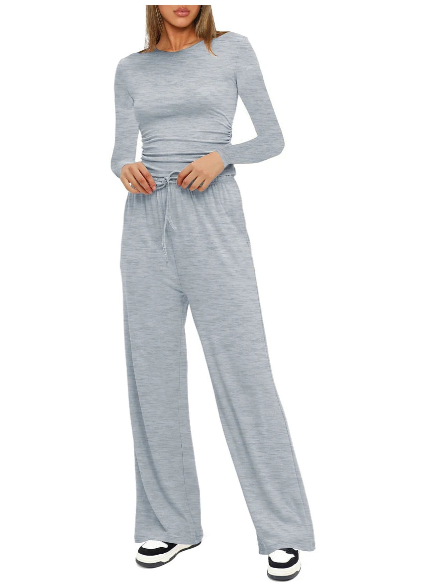 Autumn Winter Trend Fashion Women's Two Pieces Set Solid Casual O Neck Long Sleeve T-shirts & High Waist Wide Leg Pants Sets