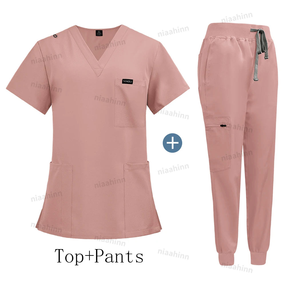 Wholesale Price Clinical Uniform Woman Hospital Doctor Work Wear Nurse Medical Clothing Short Sleeved Top Jogging Pants Set Mens