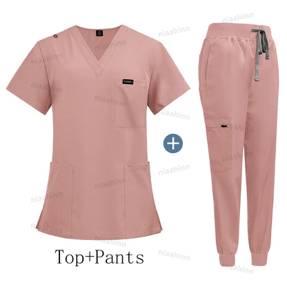 Wholesale Price Clinical Uniform Woman Hospital Doctor Work Wear Nurse Medical Clothing Short Sleeved Top Jogging Pants Set Mens