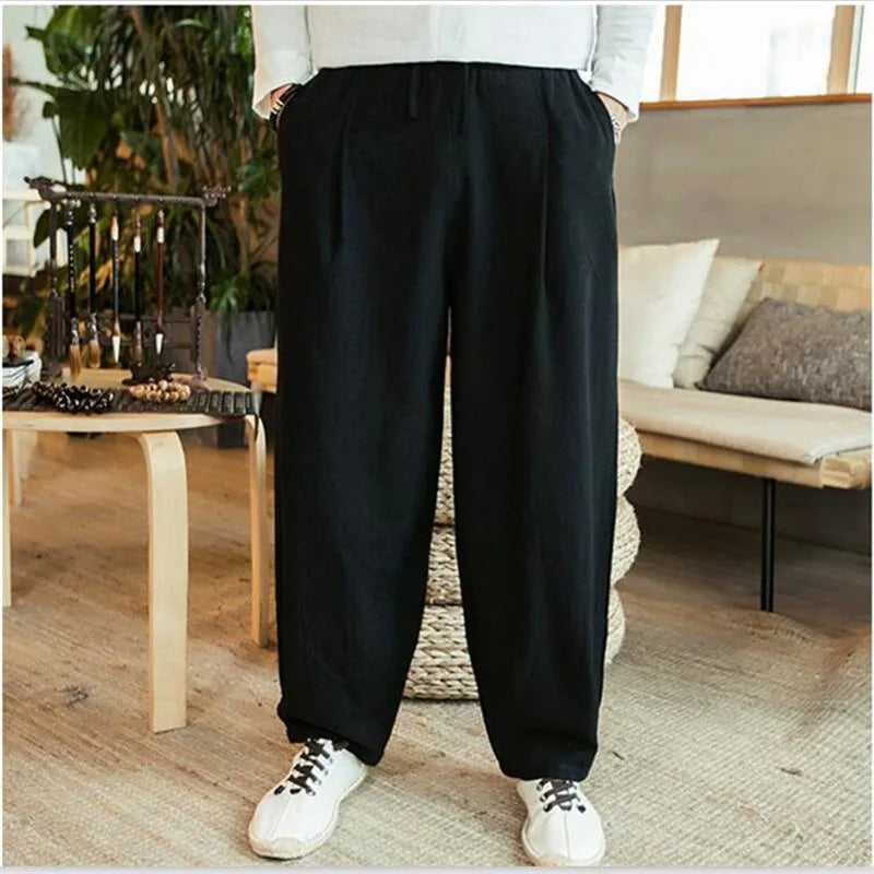 Large Size 6XL 7XL Men's Wide Leg Pants Cotton Linen Loose Harem Pants Summer Trousers Male Loose Pants Drawstring men clothing