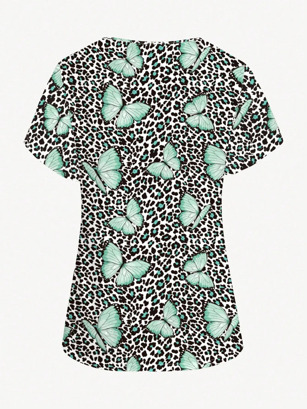 Women's V-neck Nurse Uniform Pocket T-shirt, Butterfly Print Surgical Gown Top, Nursing Work Top, Daily Commute Wear
