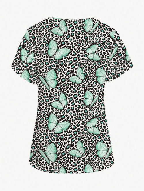 Women's V-neck Nurse Uniform Pocket T-shirt, Butterfly Print Surgical Gown Top, Nursing Work Top, Daily Commute Wear
