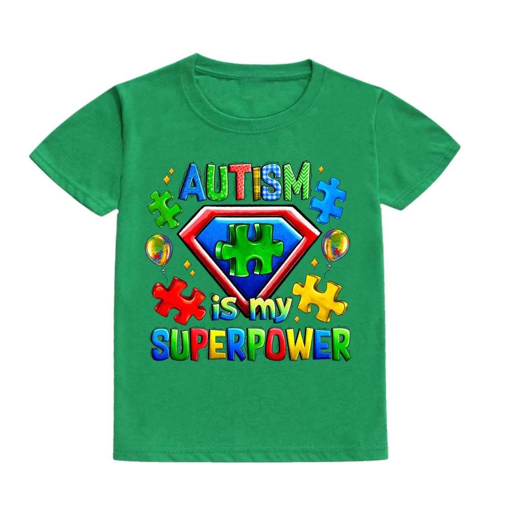 Autism Is My Superpower Kids Tshirt Autism Awareness Youth Shirt Toddler Short Sleeve Clothes Colorful Puzzle Boys Tee