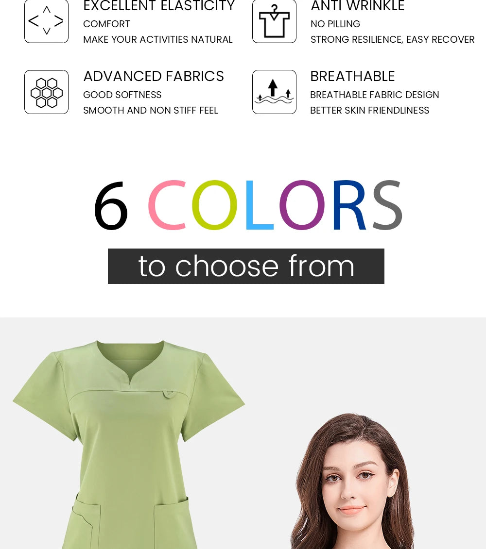 Slim fitting elasticity nurse scrubs tops dentistry doctor lab spa uniform surgical Scrub shirt for woman pharmacy pet hospital