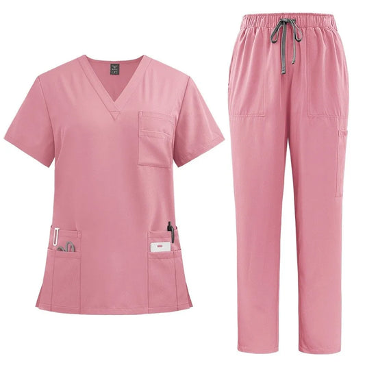 Soft Pink Clinical Uniform Healthcare Scrub Top & Pants Hospital Doctor Nurse Uniform Work Clothes with Pockets Scrubs Sets