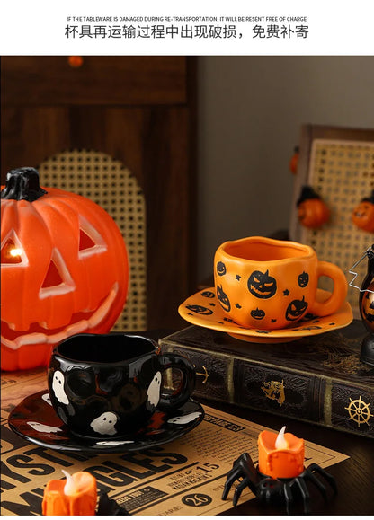 Creative Halloween-themed ceramic cups and saucers Irregular personalized coffee cups Coffee saucers Pumpkin bat pattern cups