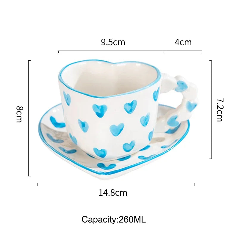 Cute Ins Style Heart Shape Coffee cup with Saucer Hand Painted Love Ceramics Mug Festival Gifts Afternoon tea Cup Breakfast cups