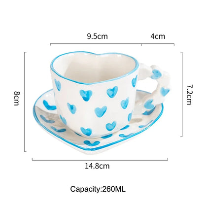 Cute Ins Style Heart Shape Coffee cup with Saucer Hand Painted Love Ceramics Mug Festival Gifts Afternoon tea Cup Breakfast cups
