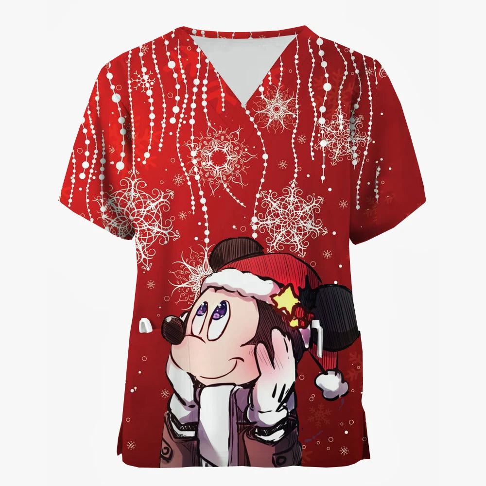 2024 Disney Uniform Women's Cartoon Stitch Print Nurse Work Shirt Pocket Gown Christmas Healthcare Nurse Scrubs
