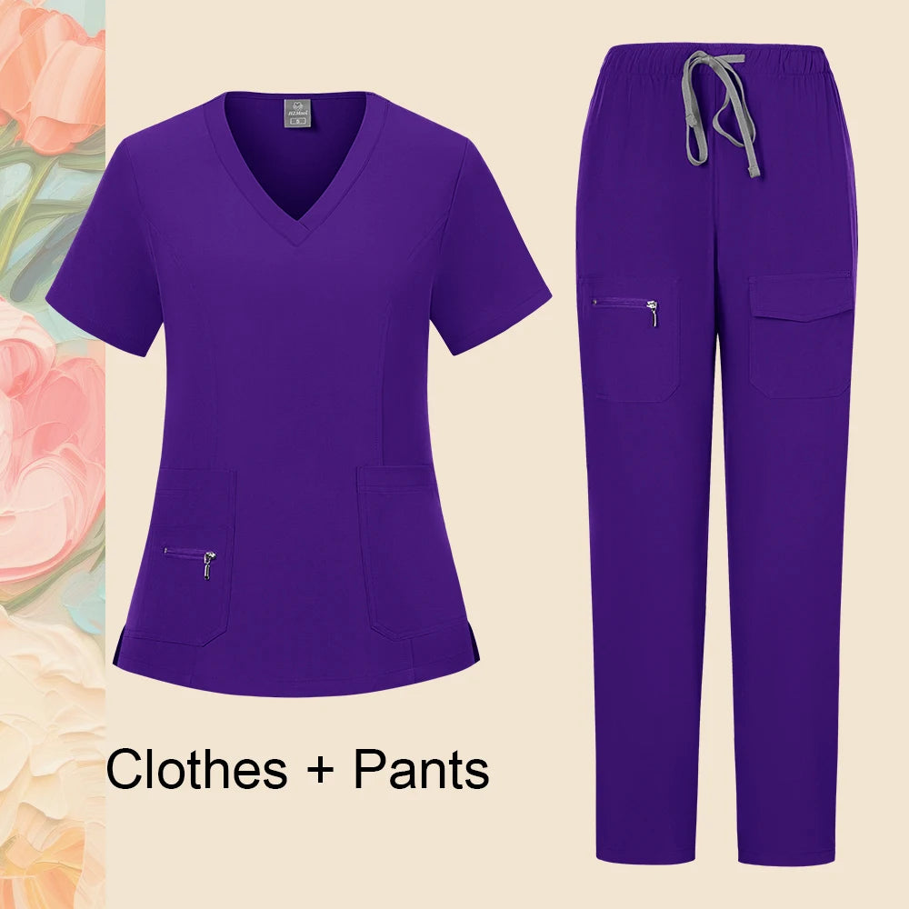 Pants Sets Short Sleeved Top Scrub Solid Color Surgical Gowns Medical Accessories Manicurist Beautician Nursing Scrub Sets Women