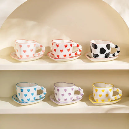 Cute Ins Style Heart Shape Coffee cup with Saucer Hand Painted Love Ceramics Mug Festival Gifts Afternoon tea Cup Breakfast cups