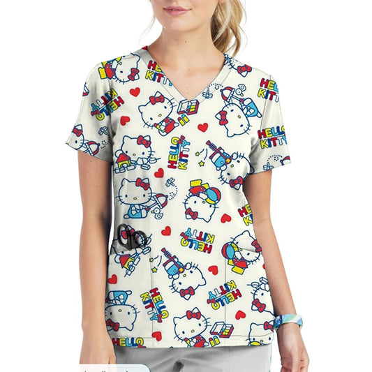Nursing Uniform Women's Working Clothes Scrubs Top V-Neck With Two Pockets Hello Kitty print Short Sleeve Medical Uniform top
