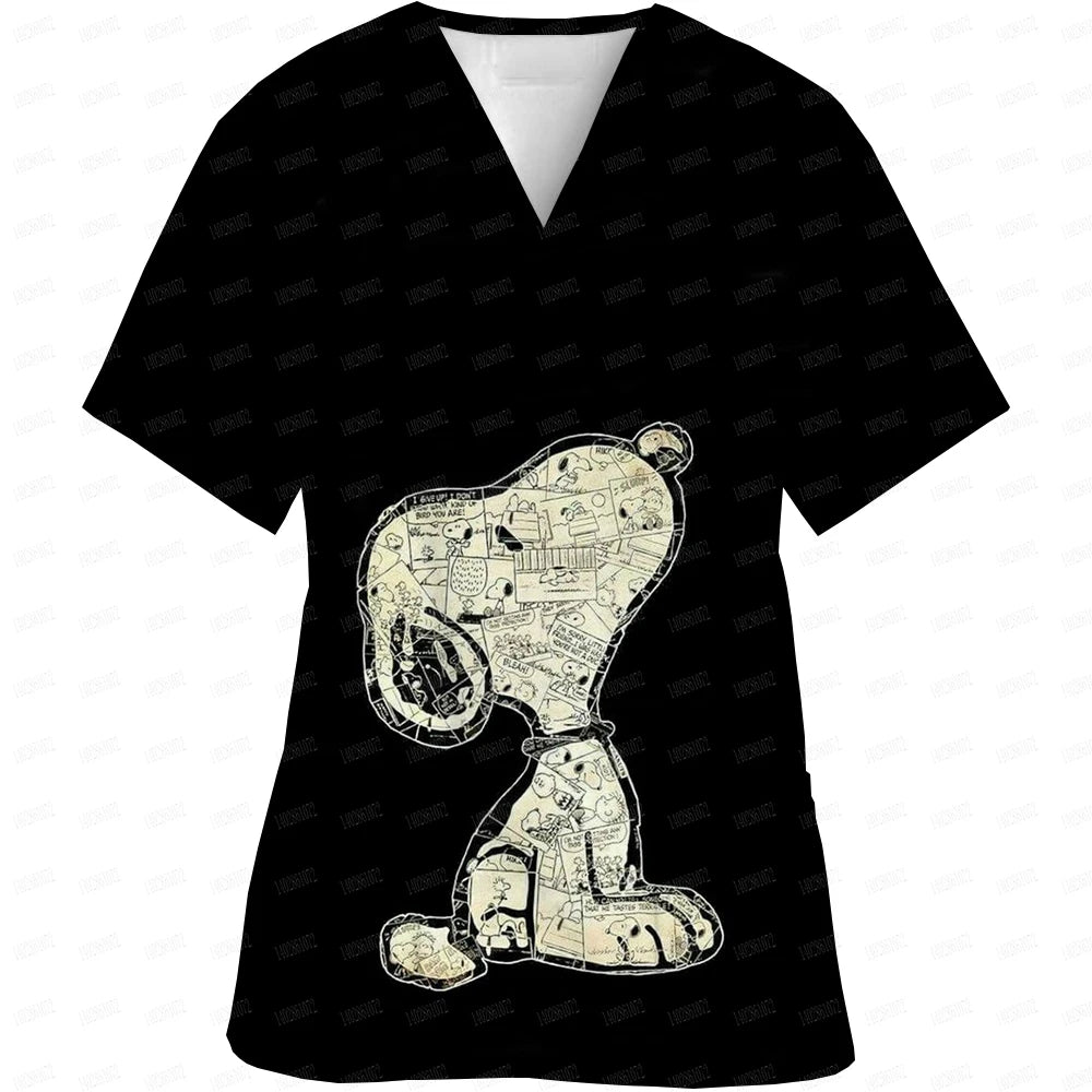 Snoopy print Working Nurse Uniform Women Short Sleeve Pocket Blouse Scrubs Tops Nursing Medical Accessories oversized tshirt