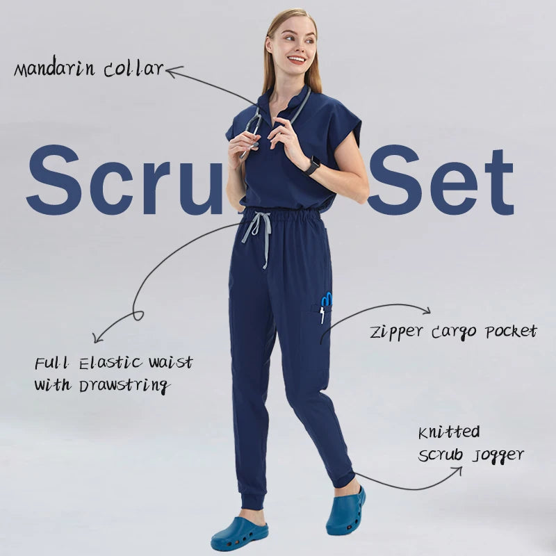 Premium Women's Scrub Sets Mandarin Collar Nurse Uniform Doctor Clothes Tunic Jogger Pant Surgical Scrubs Outfit 10 Pockets S180