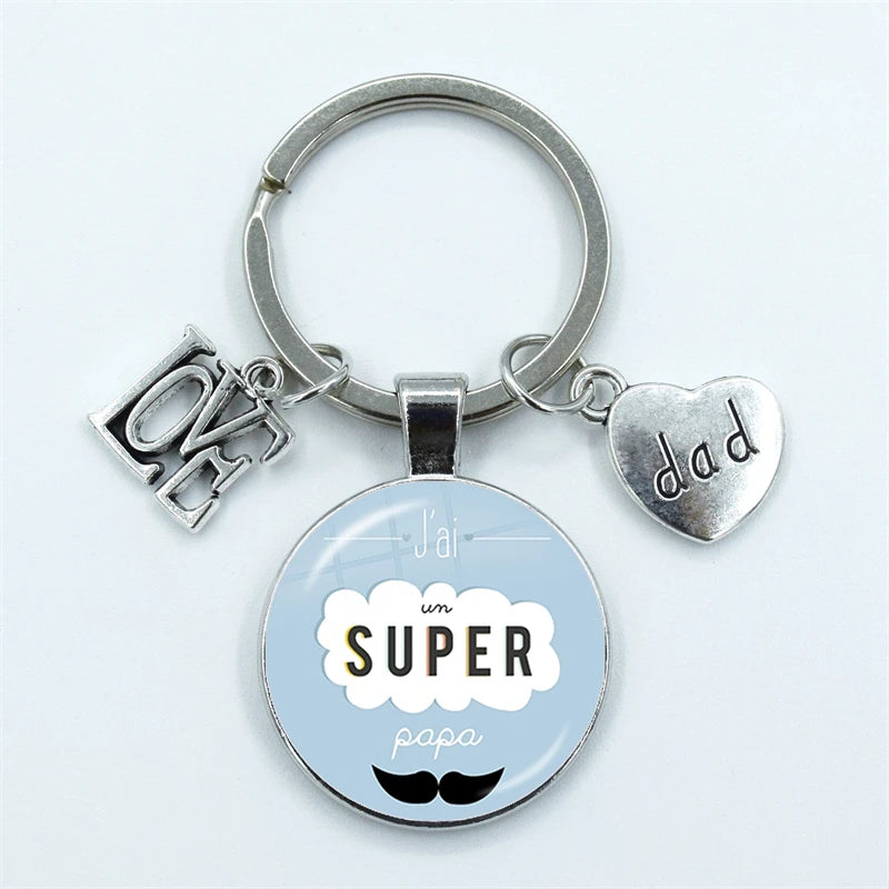 I Love Dad Keychain My Dad Is A Super Hero Pendant Glass Dome Cabochon Key Ring Father's Day Best Gift