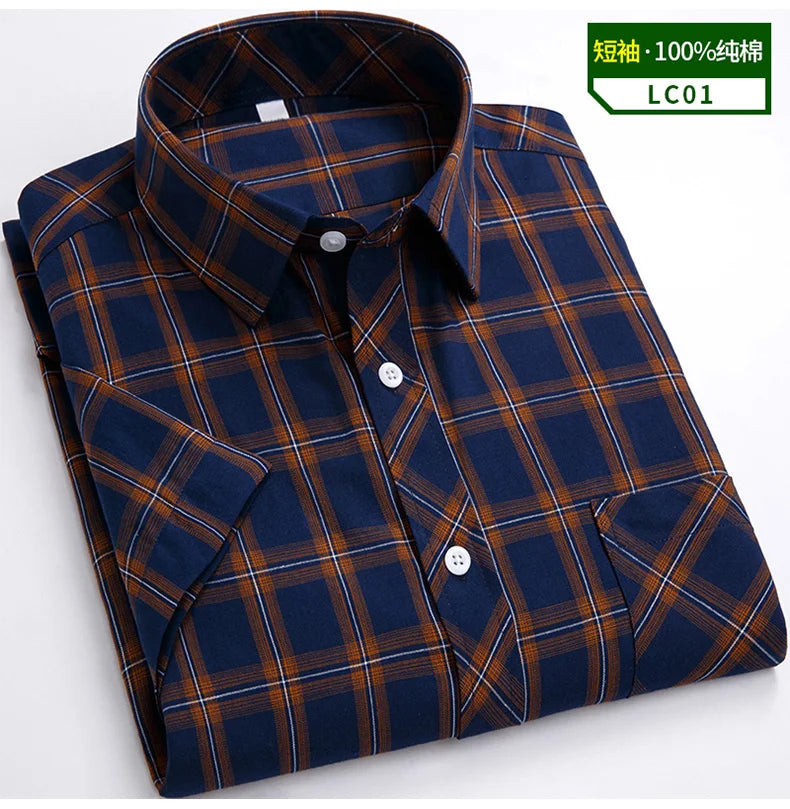 Plus Size 8XL 7XL New Men's Shirts Short Sleeve Cotton Plaid Shirt Summer Fashion Thin Soft Classic Basic Casual Male Clothing