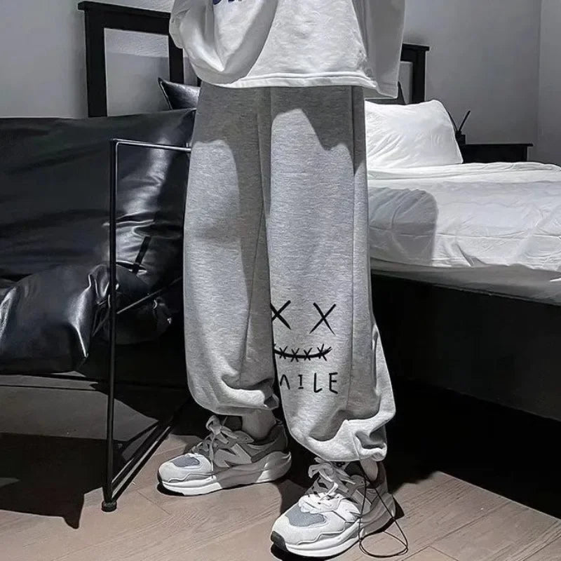 Plus Size M-8XL Men Pants Oversized Sports Pant Fashion Trend Cartoon Smiling Face Printed Long Pants Loose Casual Sweatpants